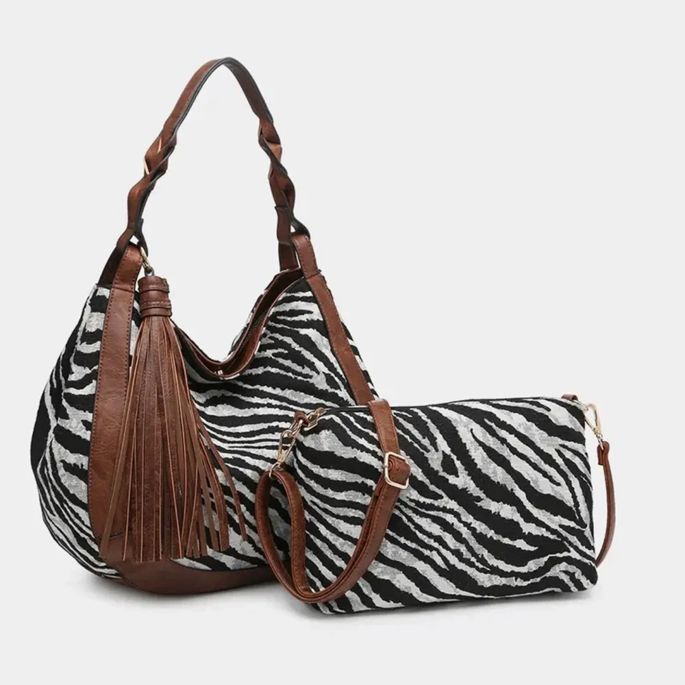 ShopEvelynne Zebra Pattern Hobo Bag Set with Brown Details